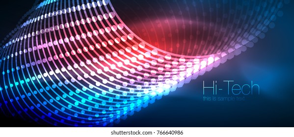 Fondo tecnológico futurista de alta tecnología, formas de neón y puntos. Conexión tecnológica, big data, estructura de puntos, colores rojos azules