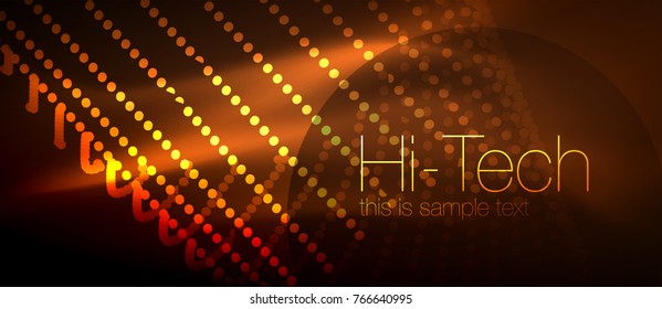 Hi-tech futuristic techno background, neon shapes and dots. Technology connection, big data, dotted structure, orange color