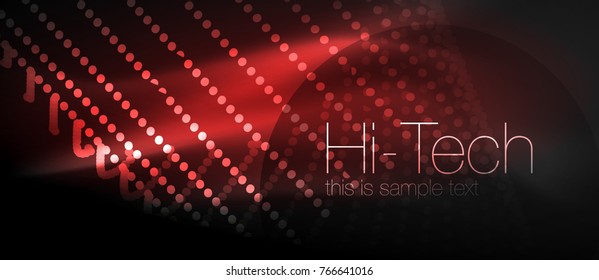 Hi-tech futuristic techno background, neon shapes and dots. Technology connection, big data, dotted structure, red color