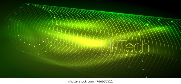 Hi-tech futuristic techno background, neon shapes and dots. Technology connection, big data, dotted structure, green color