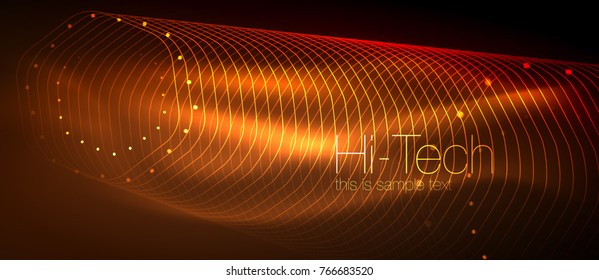 Hi-tech futuristic techno background, neon shapes and dots. Technology connection, big data, dotted structure, orange color