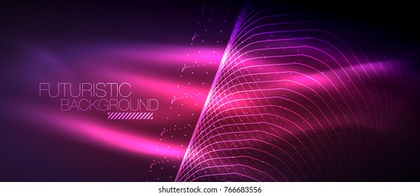 Fondo tecnológico futurista de alta tecnología, formas de neón y puntos. Conexión tecnológica, big data, estructura de puntos, color rosa y púrpura