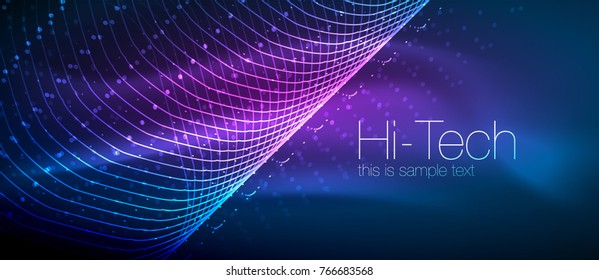 Hi-tech futuristic techno background, neon shapes and dots. Technology connection, big data, dotted structure, blue and purple colors