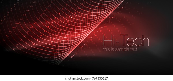 Fondo tecnológico futurista de alta tecnología, formas de neón y puntos. Conexión tecnológica, big data, estructura de puntos, color rojo
