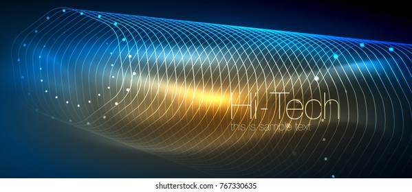Fundo tecno futurista de alta tecnologia, formas e pontos de néon. Conexão de tecnologia, big data, estrutura pontilhada, cores azul e laranja