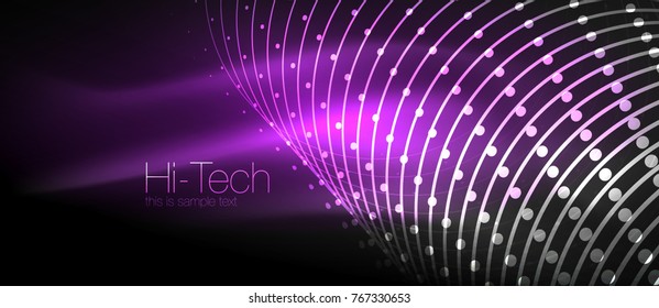 Fondo tecnológico futurista de alta tecnología, formas de neón y puntos. Conexión tecnológica, big data, estructura de puntos, color púrpura
