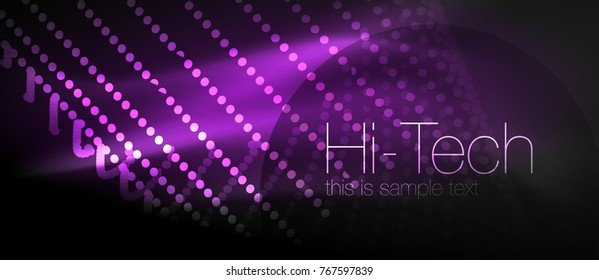 Hi-tech futuristic techno background, neon shapes and dots. Technology connection, big data, dotted structure, purple color