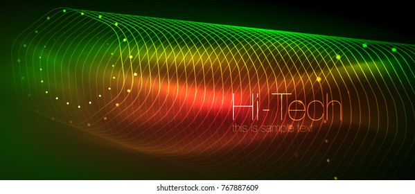 Fondo tecnológico futurista de alta tecnología, formas de neón y puntos. Conexión tecnológica, big data, estructura de puntos