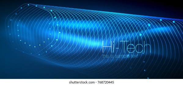 Hi-tech futuristic techno background, neon shapes and dots. Technology connection, big data, dotted structure. Blue color