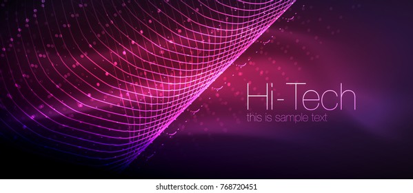 Hi-tech futuristic techno background, neon shapes and dots. Technology connection, big data, dotted structure, pink and purple colors