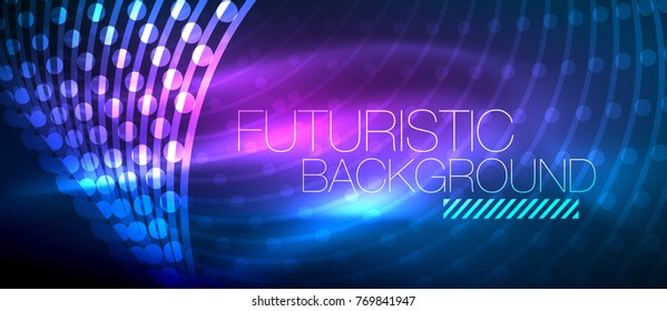 Fondo tecnológico futurista de alta tecnología, formas de neón y puntos. Conexión tecnológica, big data, estructura de puntos, color azul y púrpura