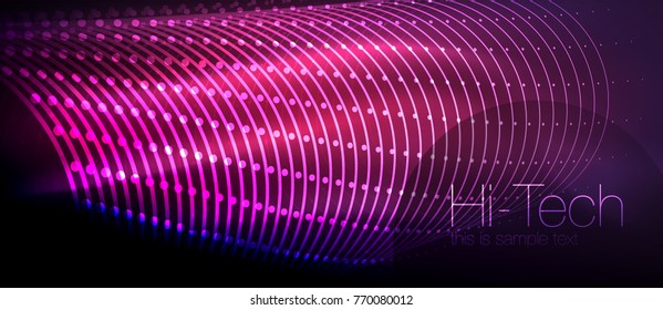 Fondo tecnológico futurista de alta tecnología, formas de neón y puntos. Conexión tecnológica, big data, estructura de puntos, color rosa y púrpura