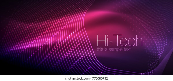 Hi-tech futuristic techno background, neon shapes and dots. Technology connection, big data, dotted structure, pink and purple colors