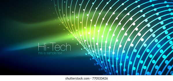 Fondo tecnológico futurista de alta tecnología, formas de neón y puntos. Conexión tecnológica, big data, estructura de puntos, color verde azul