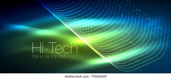 Hi-tech futuristic techno background, neon shapes and dots. Technology connection, big data, dotted structure, blue green colors