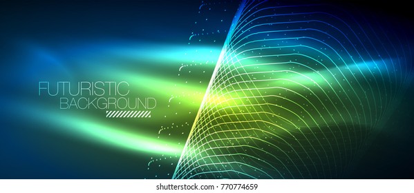Hi-tech futuristic techno background, neon shapes and dots. Technology connection, big data, dotted structure, blue green colors