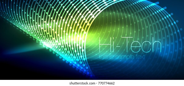 Hi-tech futuristic techno background, neon shapes and dots. Technology connection, big data, dotted structure, blue green colors