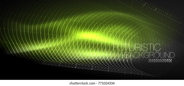 Hi-tech futuristic techno background, neon shapes and dots. Technology connection, big data, dotted structure, green color