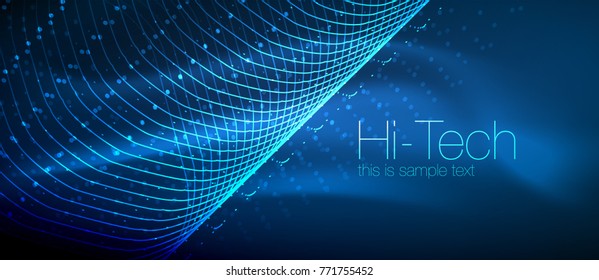 Hi-tech futuristic techno background, neon shapes and dots. Technology connection, big data, dotted structure. Blue color