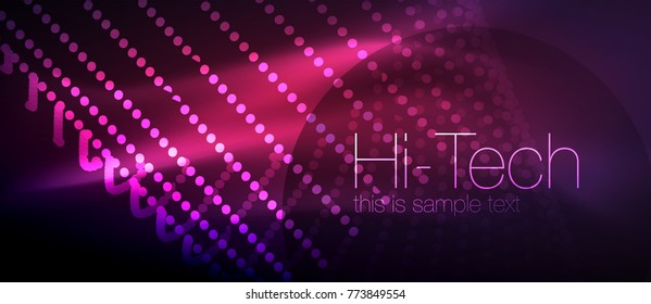 Hi-tech futuristic techno background, neon shapes and dots. Technology connection, big data, dotted structure, pink and purple colors