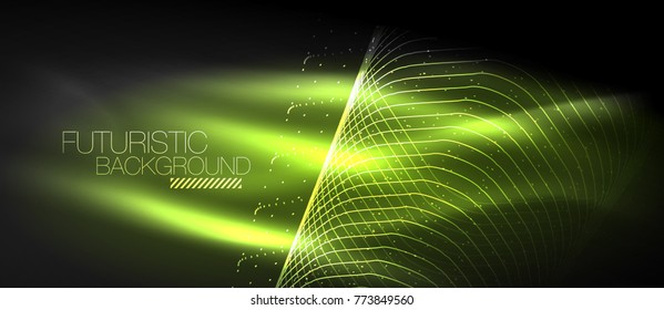 Hi-tech futuristic techno background, neon shapes and dots. Technology connection, big data, dotted structure, green color