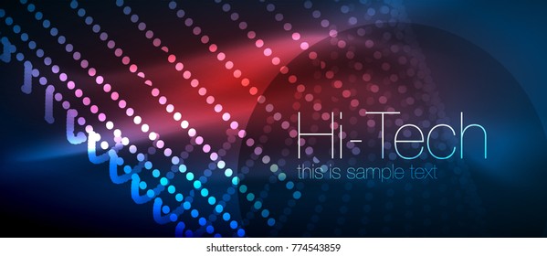 Hi-tech futuristic techno background, neon shapes and dots. Technology connection, big data, dotted structure, blue red colors