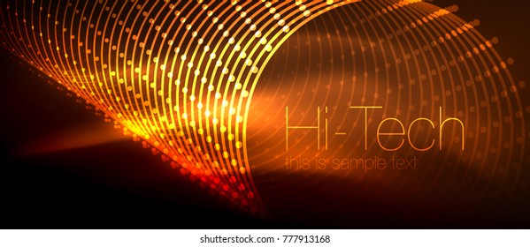Fondo tecnológico futurista de alta tecnología, formas de neón y puntos. Conexión tecnológica, big data, estructura de puntos, color naranja