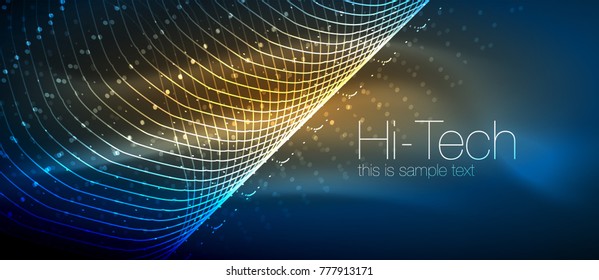 Hi-tech futuristic techno background, neon shapes and dots. Technology connection, big data, dotted structure, blue and orange colors