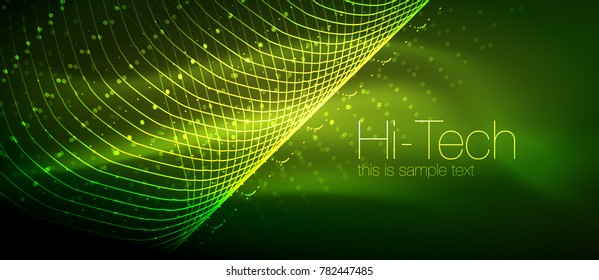 Hi-tech futuristic techno background, neon shapes and dots. Technology connection, big data, dotted structure, green color