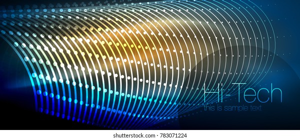 Fondo tecnológico futurista de alta tecnología, formas de neón y puntos. Conexión tecnológica, big data, estructura de puntos, colores azul y naranja