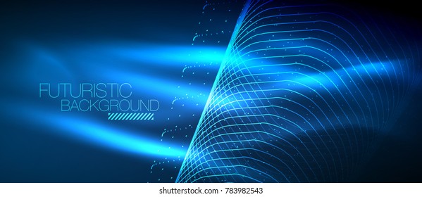 Hi-tech futuristic techno background, neon shapes and dots. Technology connection, big data, dotted structure. Blue color