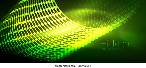 Hi-tech futuristic techno background, neon shapes and dots. Technology connection, big data, dotted structure, green color