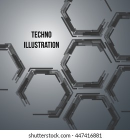 Hi-tech geometric dark blue background with hexagons. Vector design