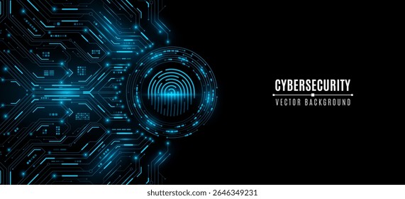 Escáner de huellas digitales brillante de alta tecnología en un fondo de placa de circuito digital. Concepto de interfaz de seguridad biométrica futurista con líneas de neón y patrones de microchip electrónico. Ilustración vectorial.