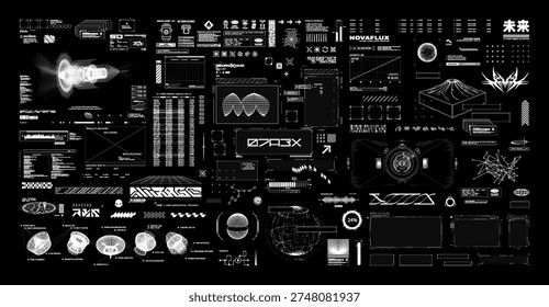 Hi-tech graphic box - 3D objects, shapes, HUD, notifications, VR, icons, futuristic inscriptions, UI frames, Sci-fi, wireframe elements. Futuristic User Interface HUD, UI. The Japanese word - future