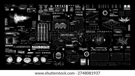Hi-tech graphic box - 3D objects, shapes, HUD, notifications, VR, icons, futuristic inscriptions, UI frames, Sci-fi, wireframe elements. Futuristic User Interface HUD, UI. The Japanese word - future