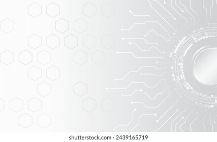 Hi-tech grey background with various technology elements. Vector illustration of circuit board and circles. Abstract futuristic communication.
