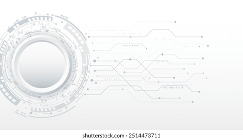 Hi-tech grey background with various technology elements. Vector illustration of circuit board and circles. Abstract futuristic communication.