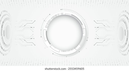 Hi-tech grey background with various technology elements. Vector illustration of circuit board and circles. Abstract futuristic communication.