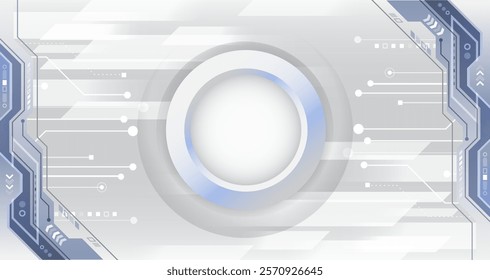 Hi-tech grey background with various technology elements. Vector illustration of circuit board and circles. Abstract futuristic communication.