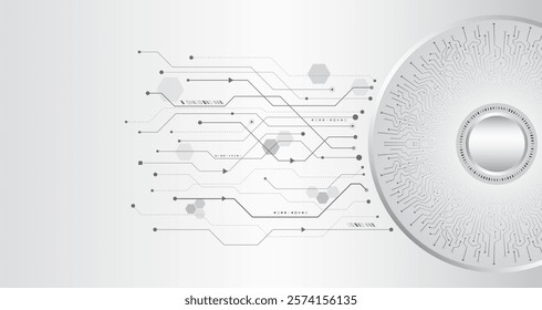 Hi-tech grey background with various technology elements. Vector illustration of circuit board and circles. Abstract futuristic communication.