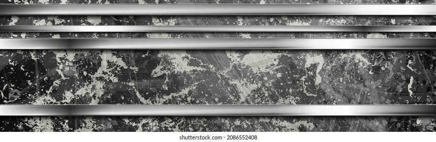 Fondo de color gris de alta tecnología con rayas metálicas plateadas. Diseño de pancartas vectoriales