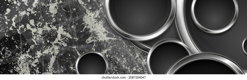 Fondo de color gris de alta tecnología con círculos metálicos plateados. Diseño de pancartas vectoriales