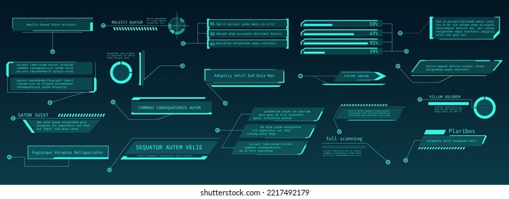 Hi-tech gui elements. Cyber sport modern ui callouts, techno gaming screen calls, punk hacking digital technology hud banners, scifi info text panels vector illustration