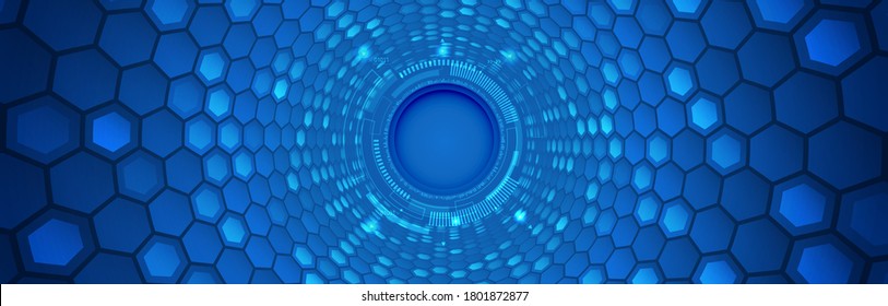 Hi-tech hexagons tunnel. Technology cover with hexagon elements. Wide Futuristic business layout.
