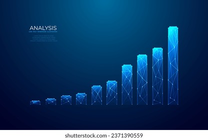 High-Tech-Hologramm von wachsenden Graphen Diagramm auf blauem Hintergrund. Digitale Low-Poly-Wireframe-Vektorgrafik. Abstraktes Konzept für den Wertpapierhandel an den Börsen. Investitionswachstum der Unternehmensfinanzierung