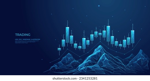 Holograma de alta tecnología de cordilleras con brillante gráfico vectorial de datos financieros de inversión. Concepto de mercado de valores. Ilustración vectorial de malla baja. El camino hacia el éxito o los objetivos de inversión.