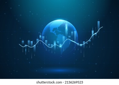 Hi-tech hologram of planet Earth with glowing vector chart of investment financial data. Graph stock market with rising candlesticks. Infographic elements and realistic transparent world map - Shutterstock ID 2136269523