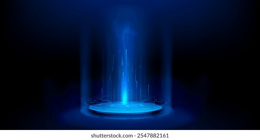 Hi-tech hologram portal with light beam on black background. Vector realistic illustration of futuristic teleport with neon blue illumination, sci-fi game backdrop, virtual reality stage platform