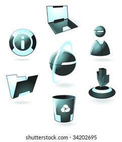 Hi-tech luminous icons: laptop, user, web, info, folder, download, recycle bin. Vector illustration.